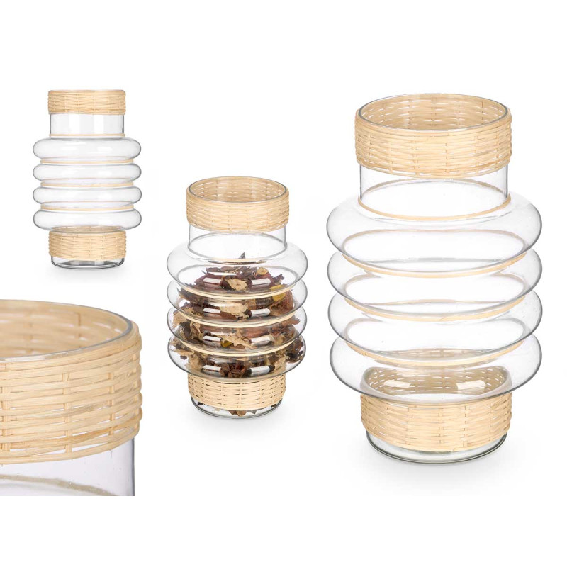 BOUGEOIR ANNEAUX EN VERRE ET ROTIN 