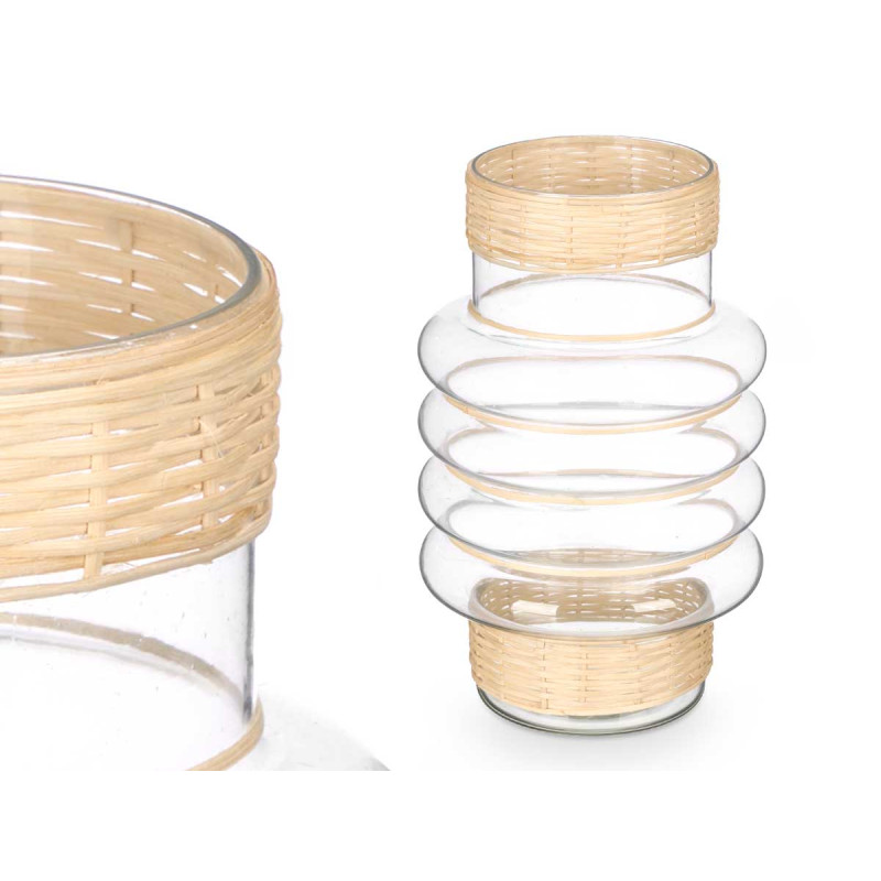 SUPORTE VELA VIDRO E RATTAN
