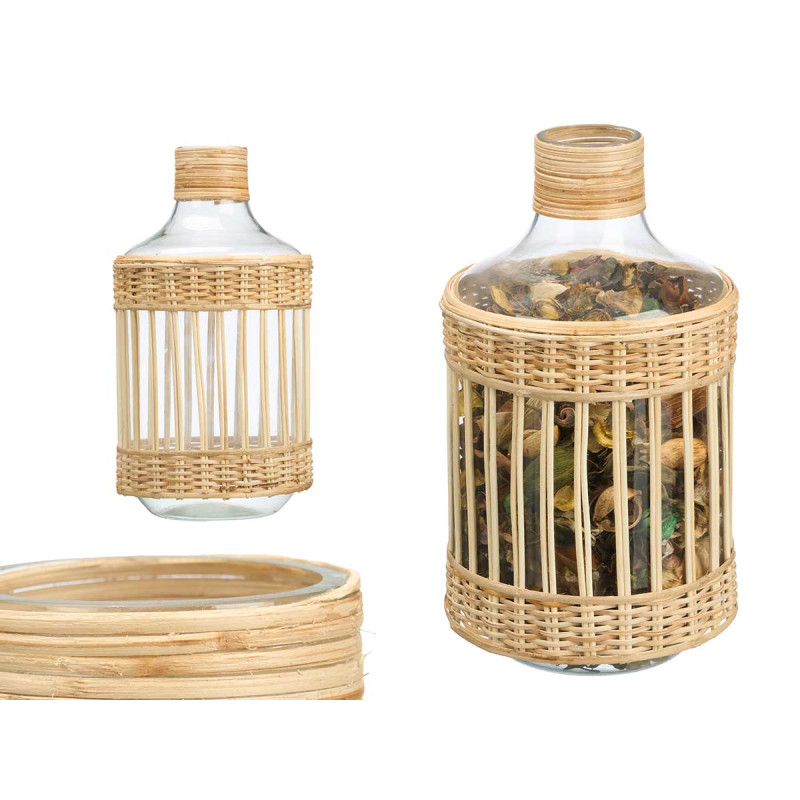 BOUTEILLE EN VERRE ET ROTIN GRAND