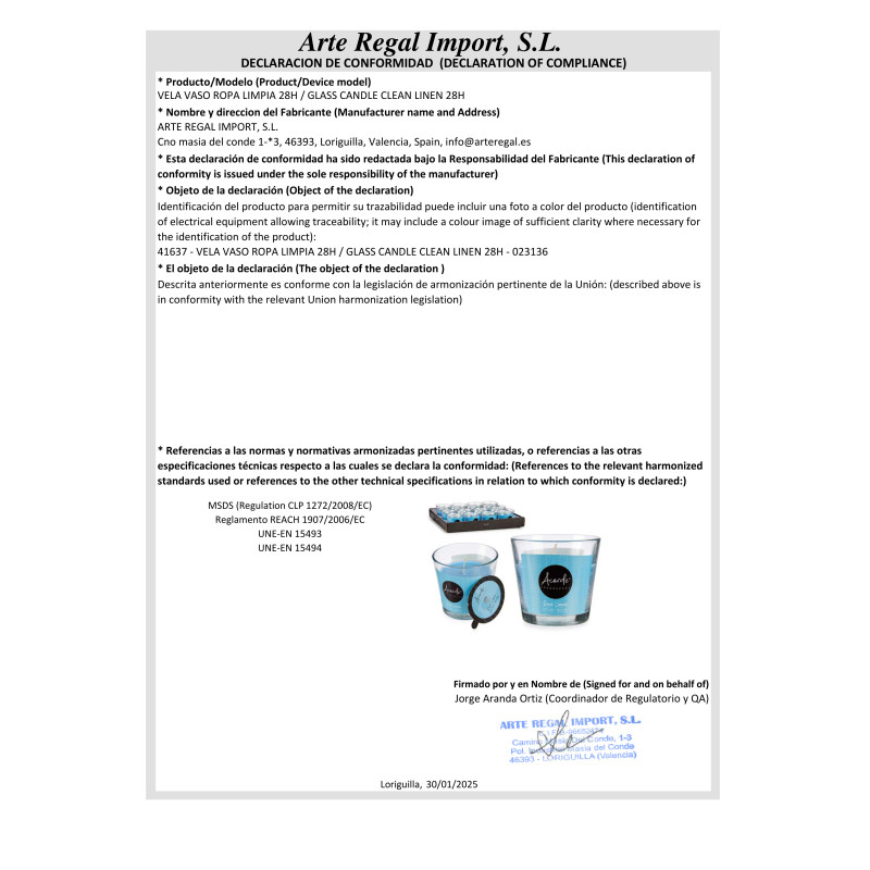 VELA VASO ROPA LIMPIA 28H