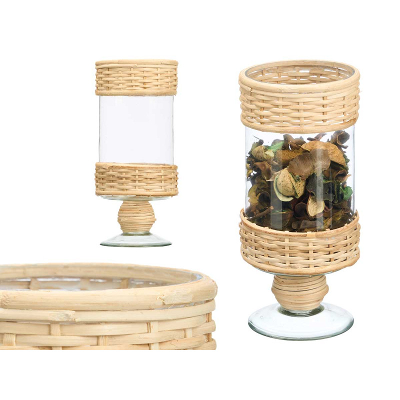SUPORTE VELA ALTO CILINDRICO VIDRO E RATTAN