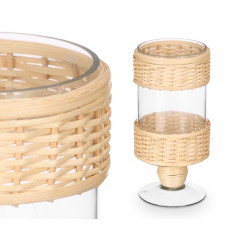 SUPORTE VELA ALTO CILINDRICO VIDRO E RATTAN