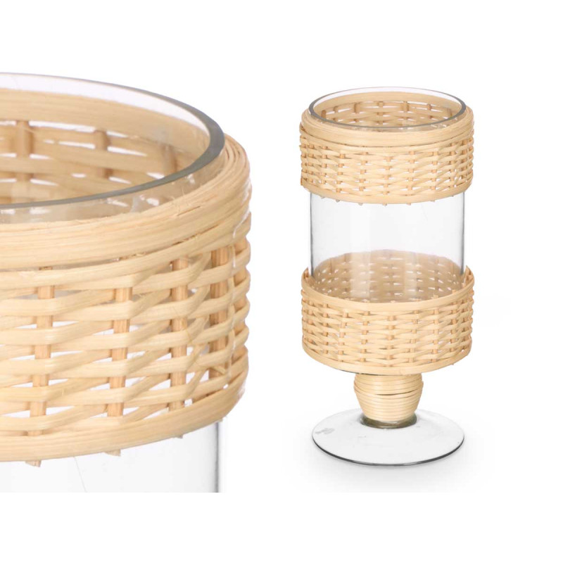 PORTACANDELA CALICE CILINDRICO ALTO VETRO RATTAN