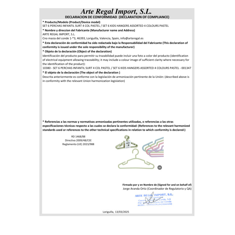 SET 6 CINTRES POUR ENFANTS ASRT 4 COULEURS PASTEL