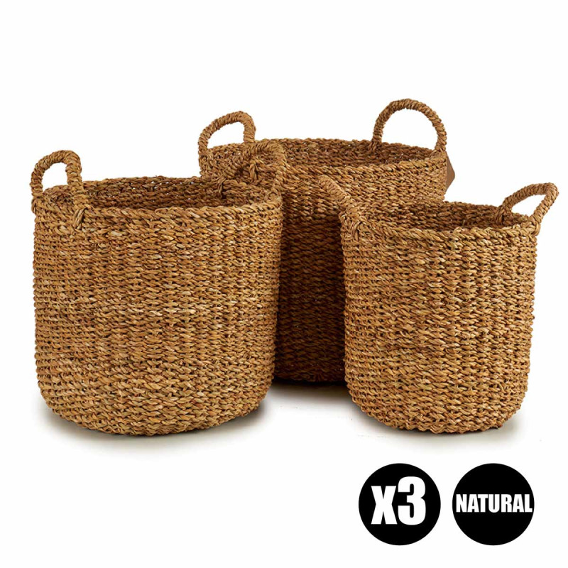 SET 3 ESPARTO GRASS BASKET DENTED HANDLE