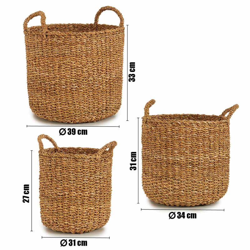 SET 3 ESPARTO GRASS BASKET DENTED HANDLE