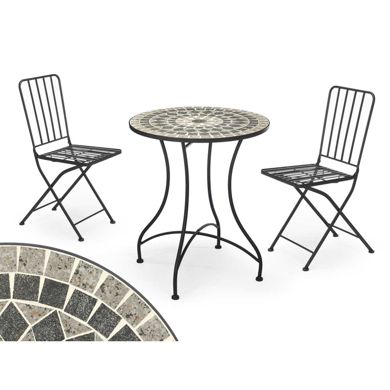 SET MOSAIC GREY IRON TABLE AND 2 BLACK CHAIRS 