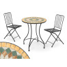 SET MOSAIC OCHRE IRON TABLE AND 2 BLACK CHAIRS 