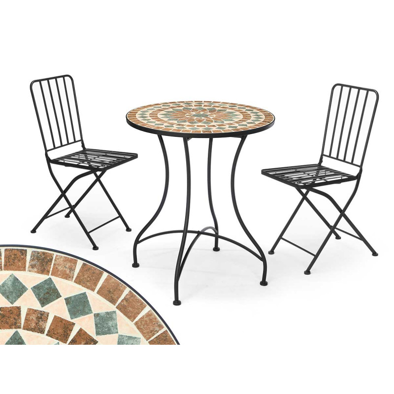 SET MOSAIC BROWN IRON TABLE AND 2 BLACK CHAIRS 