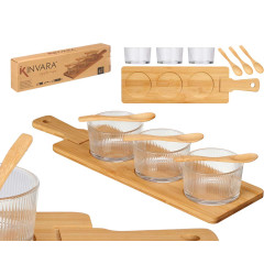 CONJ 3 TAÇA VIDRO COM COLHER E BANDEJA BAMBU