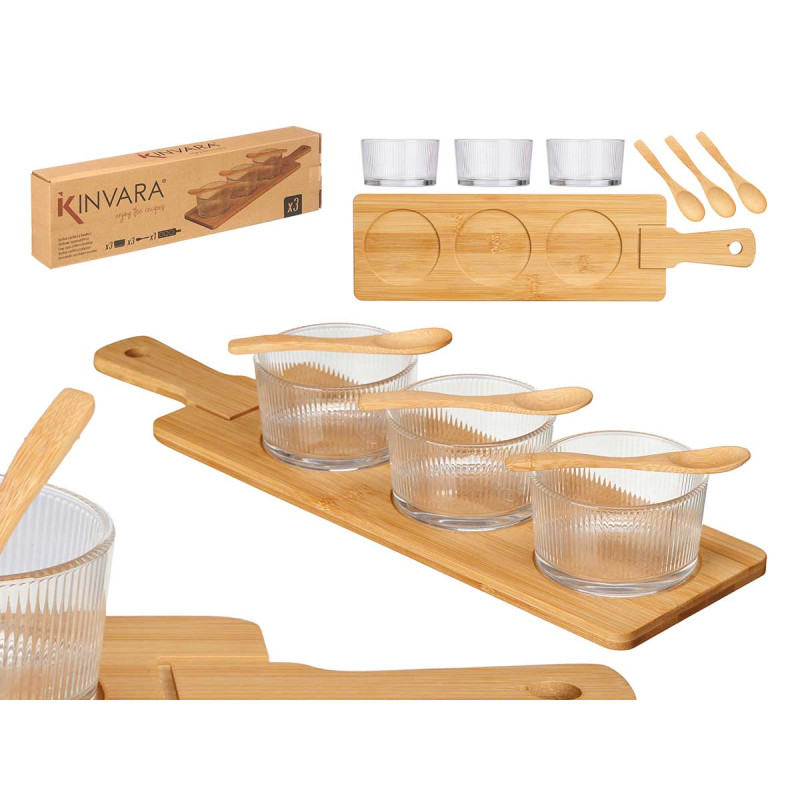 CONJ 3 TAÇA VIDRO COM COLHER E BANDEJA BAMBU
