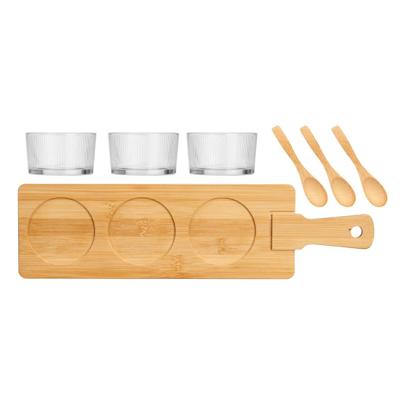 CONJ 3 TAÇA VIDRO COM COLHER E BANDEJA BAMBU