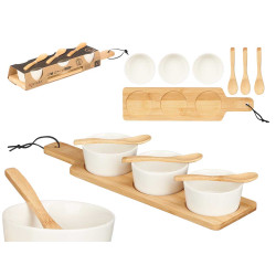 SET 3 WHITE CERAMIC BOWL SPOON AND BAMBOO TRAY