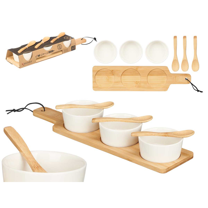 SET 3 BOL CÉRAMIQUE BLANC CUILLERE PLATEAU BAMBOU