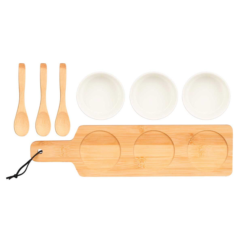 SET 3 WHITE CERAMIC BOWL SPOON AND BAMBOO TRAY