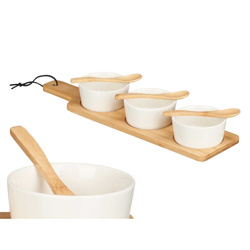 SET 3 WHITE CERAMIC BOWL SPOON AND BAMBOO TRAY