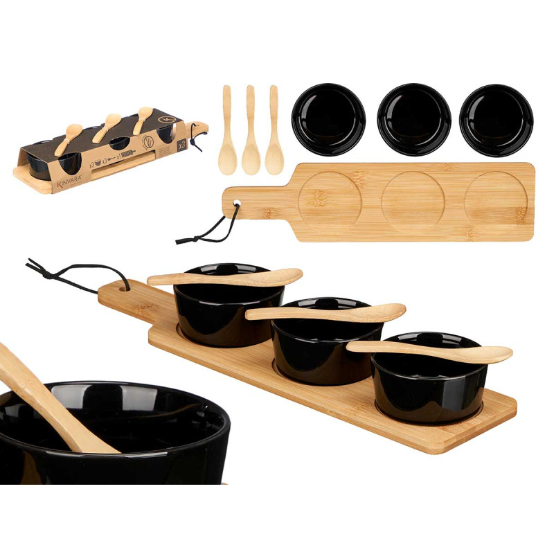 SET 3 BLACK CERAMIC BOWL SPOON AND BAMBOO TRAY