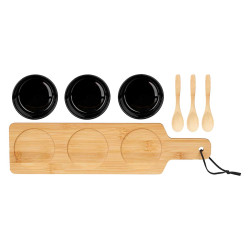 SET 3 BLACK CERAMIC BOWL SPOON AND BAMBOO TRAY