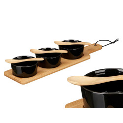 SET 3 BLACK CERAMIC BOWL SPOON AND BAMBOO TRAY
