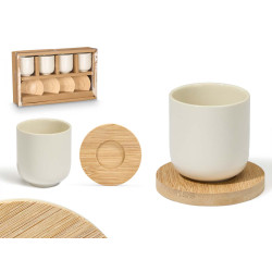 CONJ 4 COPOS CAFE CERÂMICA BRANCA COM BASES BAMBU