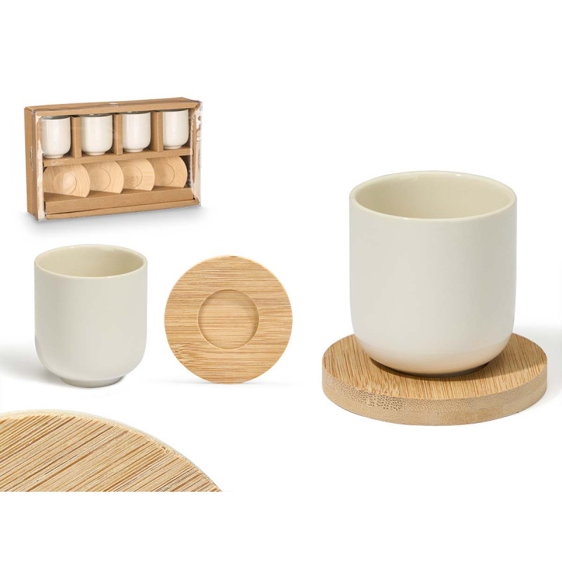 CONJ 4 COPOS CAFE CERÂMICA BRANCA COM BASES BAMBU