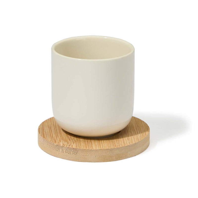 CONJ 4 COPOS CAFE CERÂMICA BRANCA COM BASES BAMBU