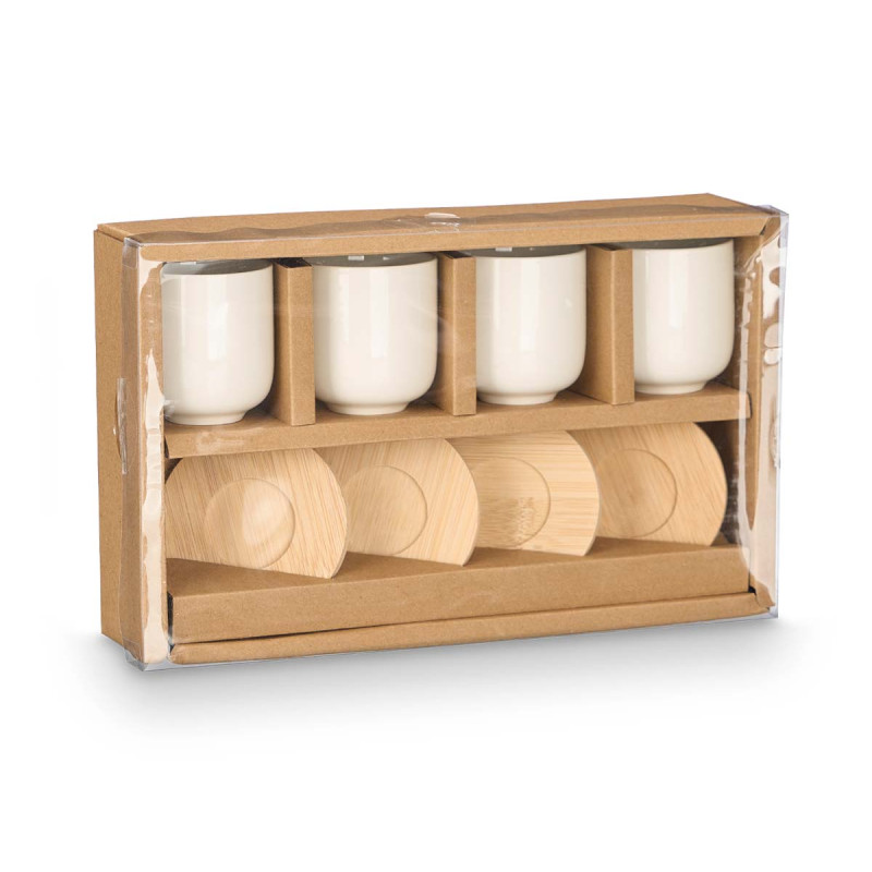CONJ 4 COPOS CAFE CERÂMICA BRANCA COM BASES BAMBU