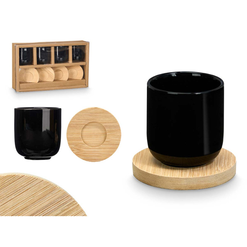 CONJ 4 COPOS CAFE CERÂMICA PRETA COM BASES BAMBU