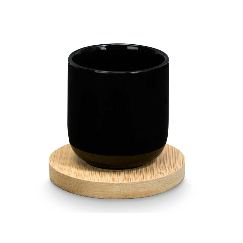 CONJ 4 COPOS CAFE CERÂMICA PRETA COM BASES BAMBU