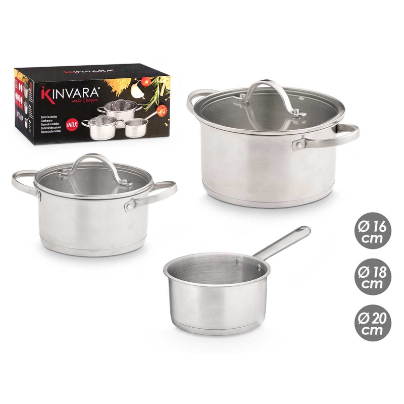 SET 3 CASSEROLE EN ACIER COUVERCLES EN VERRE