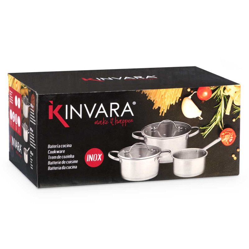 SET 3 CASSEROLE EN ACIER COUVERCLES EN VERRE