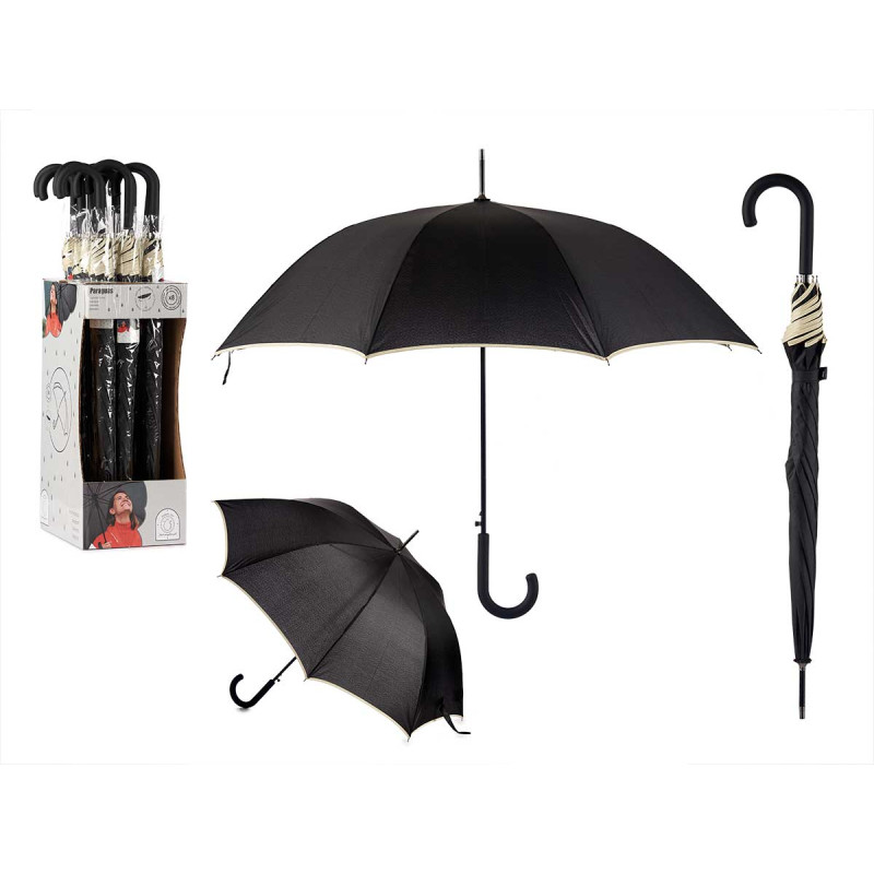 CHAPÉU DE CHUVA 8 VARETAS PRETO COM BORDA CREME