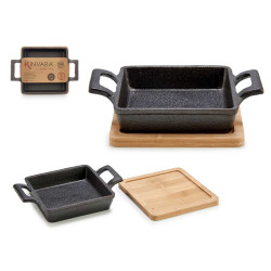 SMALL SQUARE CAST IRON PAN W/BAMBOO TRAY