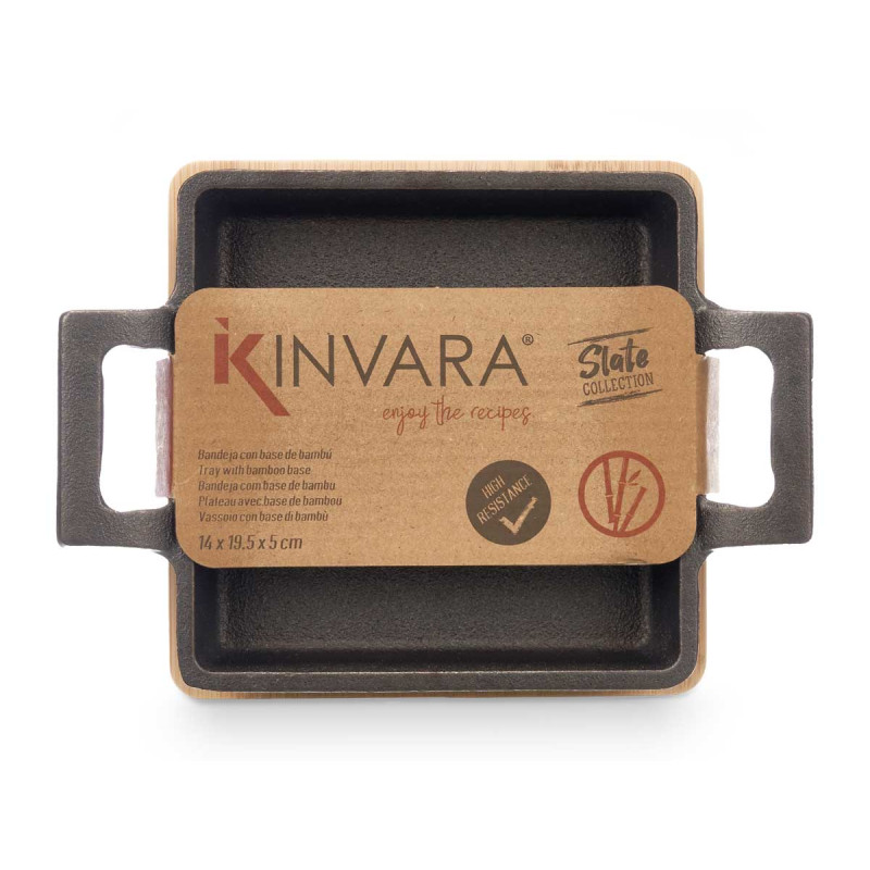 SMALL SQUARE CAST IRON PAN W/BAMBOO TRAY