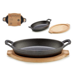 SMALL OVAL CAST IRON PAN W/ BAMBOO TRAY