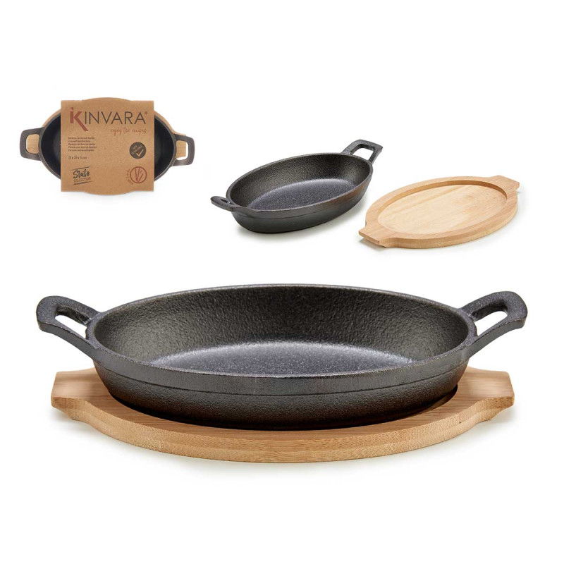 SMALL OVAL CAST IRON PAN W/ BAMBOO TRAY