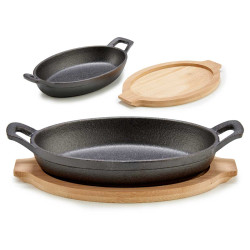 SMALL OVAL CAST IRON PAN W/ BAMBOO TRAY