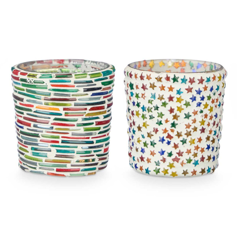 SMALL ROUND CANDLE HOLDER STRIPES STARS ASRT 2 