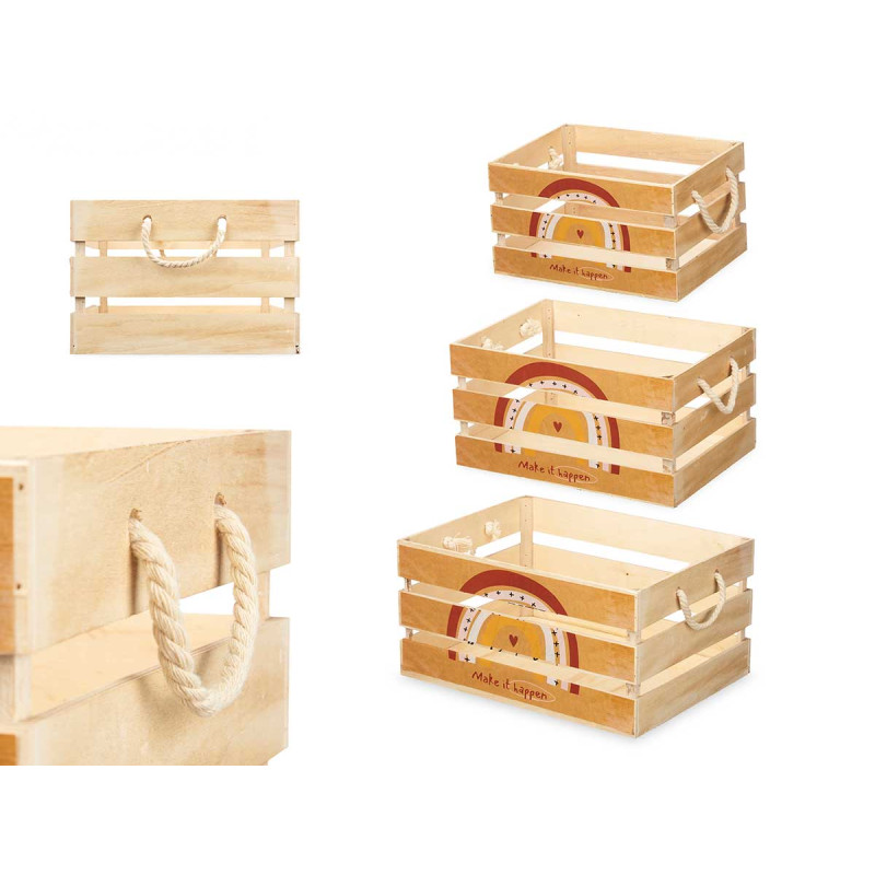 SET 3 NATURAL WOODEN BOXES RAINBOW