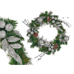 CORONA VERDE E ARGENTO DECORAZIONE NATALE 60CM