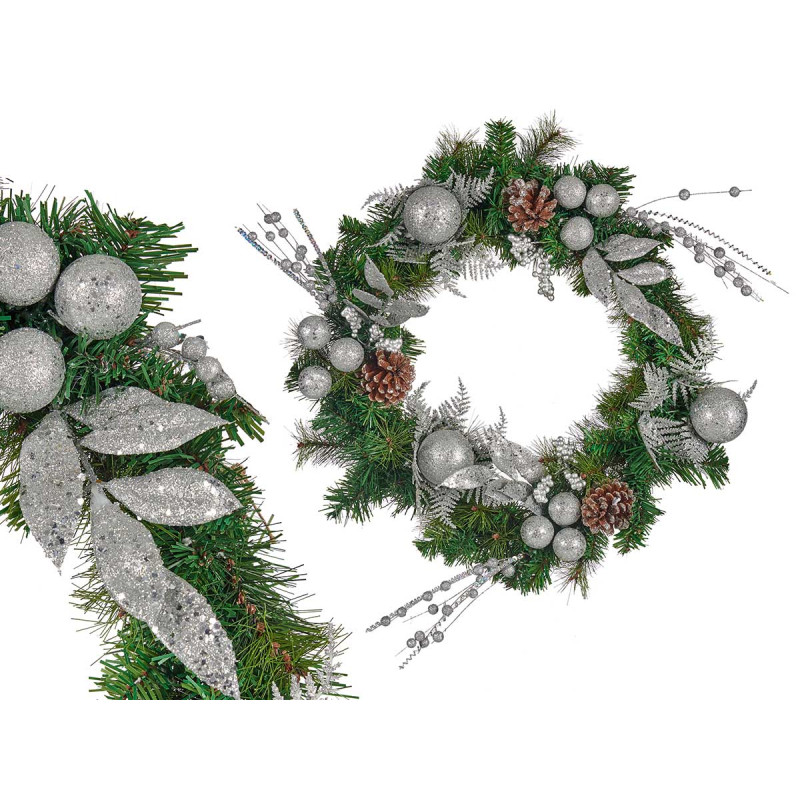 COROA VERDE E PRATEADA DECORAÇAO NATAL 60CM