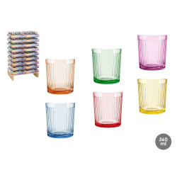 VASO VIDRIO RAYAS 360ML SURT 6 COLORES DISPLAY