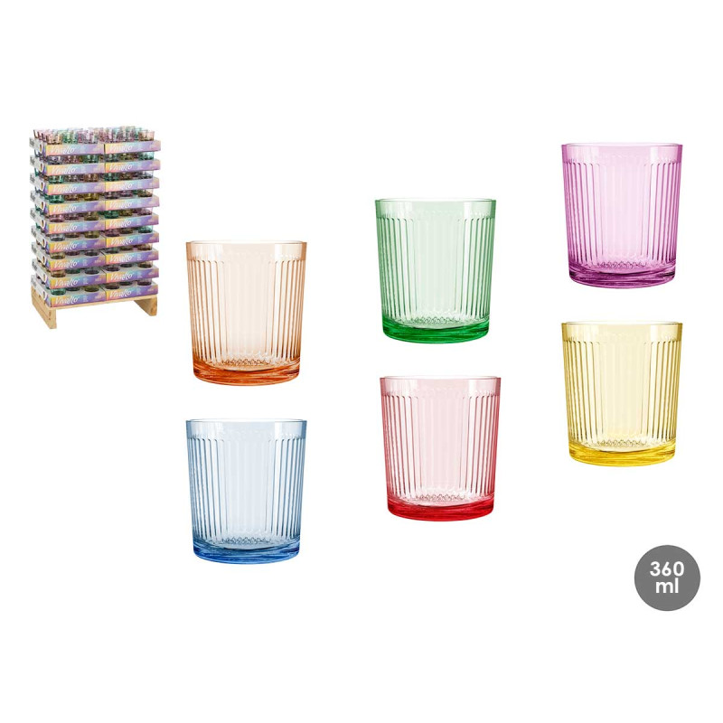 VASO VIDRIO RAYAS 360ML SURT 6 COLORES DISPLAY