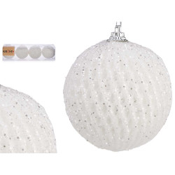SET 4 BOLAS NAVIDAD BLANCAS CON RELIEVE 7CM