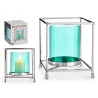 BASE BOUGIE VERRE CARRE BLEU METAL ARGENT PET 