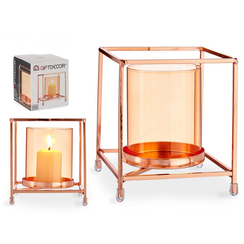 SMALL AMBER GLASS SQUARE COPPER METAL CANDLE BASE 