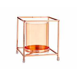 SMALL AMBER GLASS SQUARE COPPER METAL CANDLE BASE 