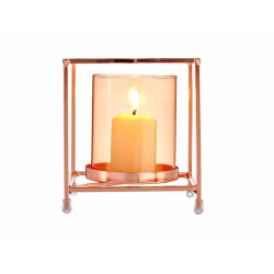 SMALL AMBER GLASS SQUARE COPPER METAL CANDLE BASE 