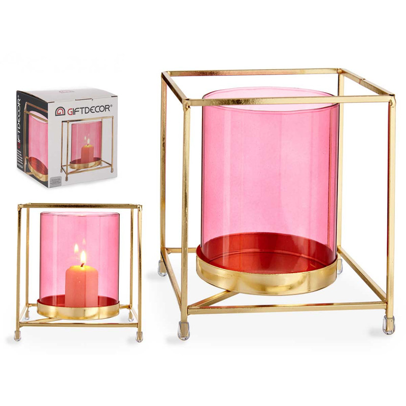 BASE BOUGIE VERRE CARRE ROSE METAL OR GRD 