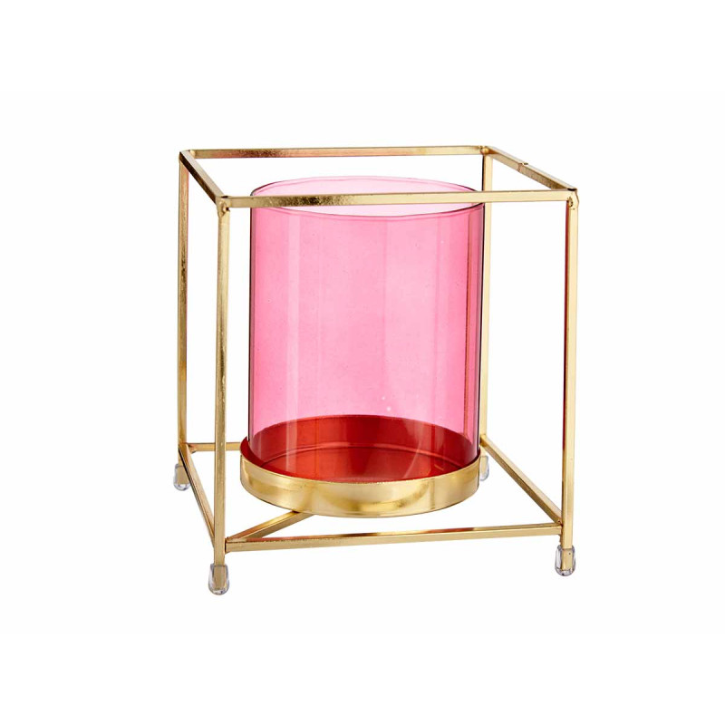 BASE BOUGIE VERRE CARRE ROSE METAL OR GRD 